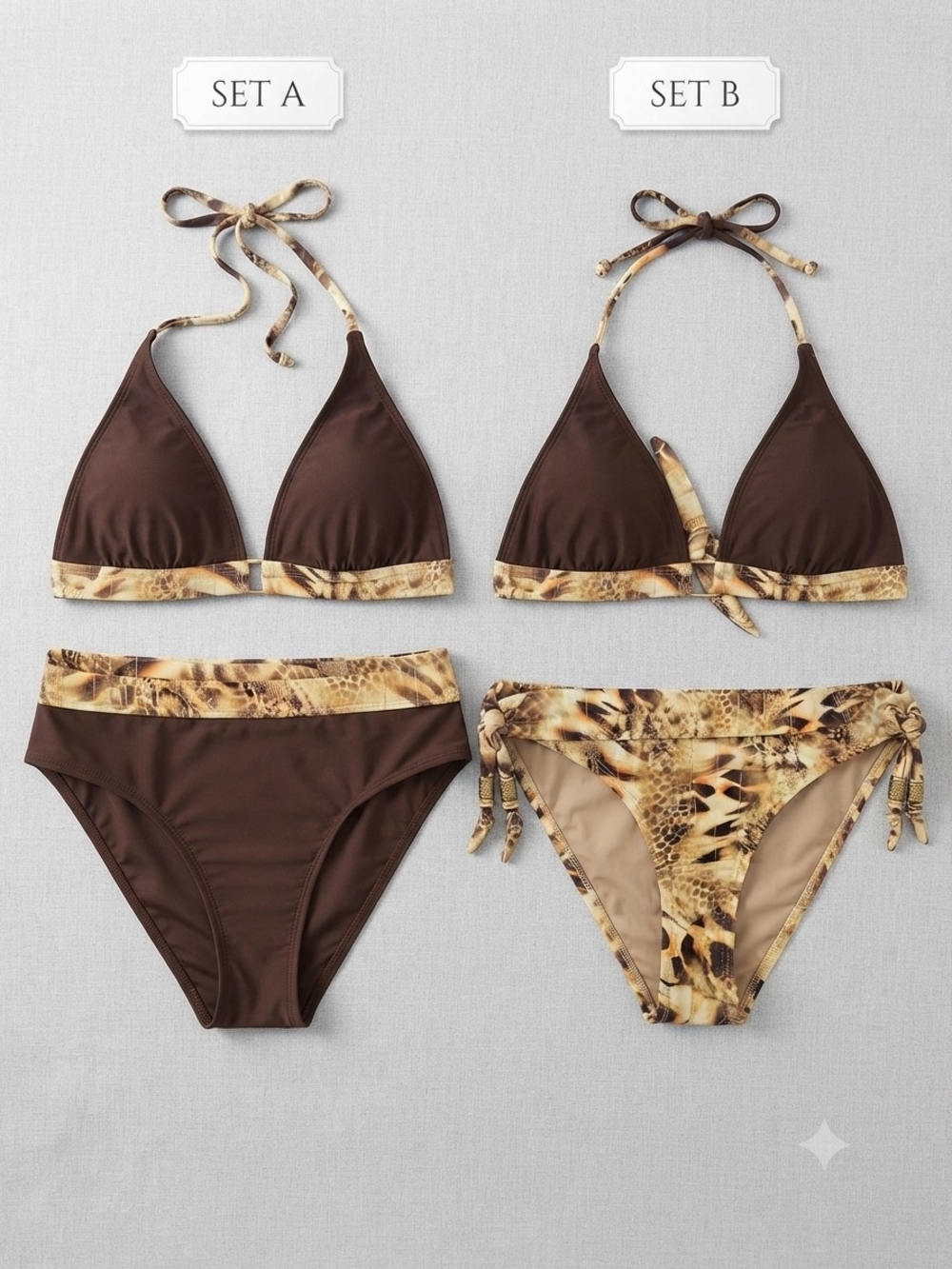 Mixit Brown Bikini Set with Animal-Print Trim Size Medium